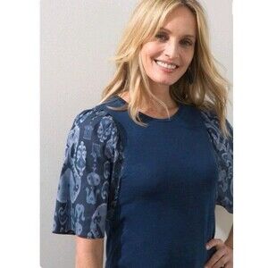 Chico's Blouse Size 4 US XXL Indigo Ikat Print Sleeve Blue